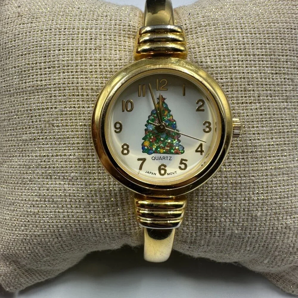Christmas Tree Watch Women Gold Tone White Dial Hinged Cuff Band New Battery